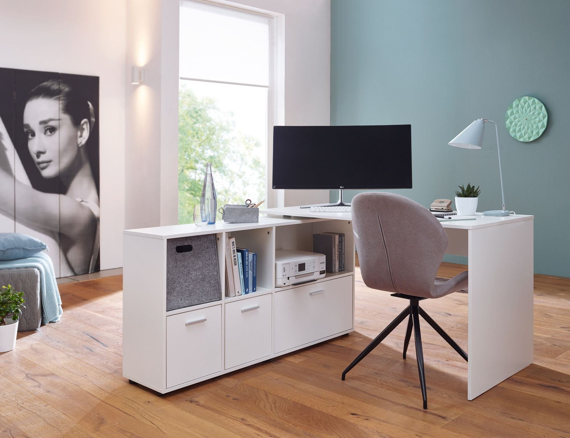 Schreibtisch x 75,5 x cm WL5.313 Wohnling Weiß), Schreibtischkombi 136 Bürotisch HomeOffice 155,5 Sideboard, (Eckschreibtisch