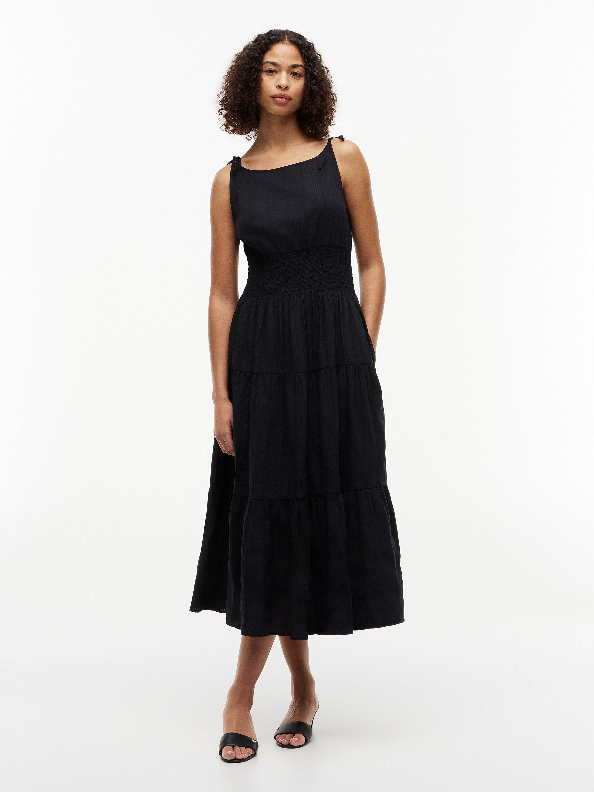 Tommy Hilfiger Trägerkleid SMOCK TIE NS MIDI DRESS Baumwollmischung, Smok-Einsatz