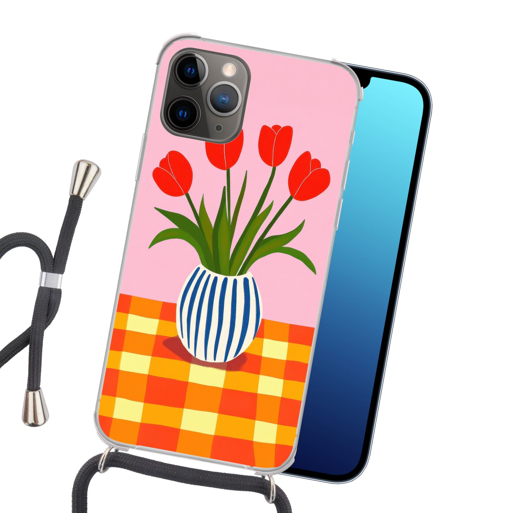 MuchoWow Handyhülle für Apple iPhone 13 Pro Max Tulpen - Rosa - Vase, Tragbare Handyhüllen mit Kette zum umhängen, Handykette Handyband