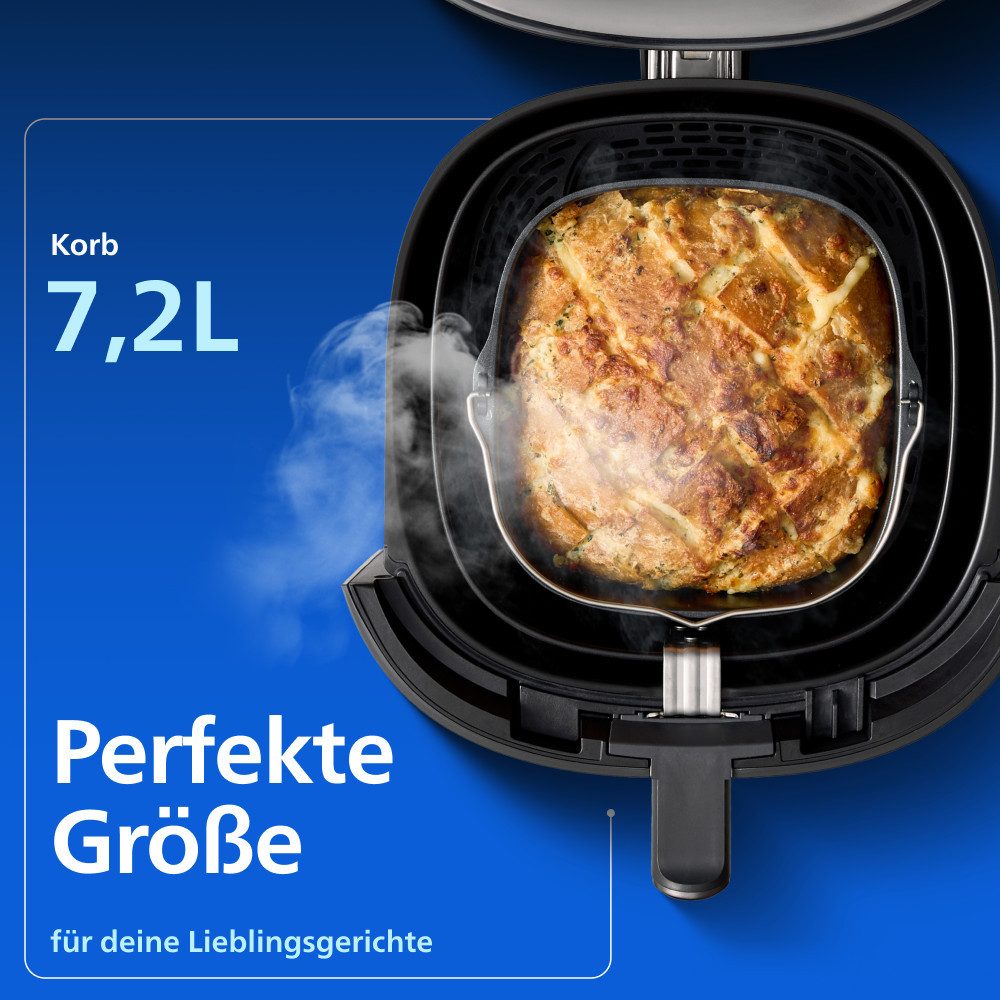 Philips Heißluftfritteuse NA547/07 Steam Airfryer 5000 Series mit EasySlide, 7,2L Kapazität, 2000 W, mit Dampfgarfunktion u. RapidAir Plus Technologie; Schwarz/Gold