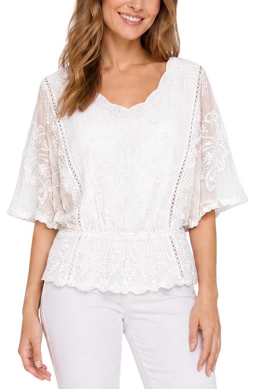 dy_mode Spitzenbluse Damen Sommerbluse mit Spitze Kurzarm Oberteil Einfarbig Transparent in Unifarbe, transparenten Ärmel