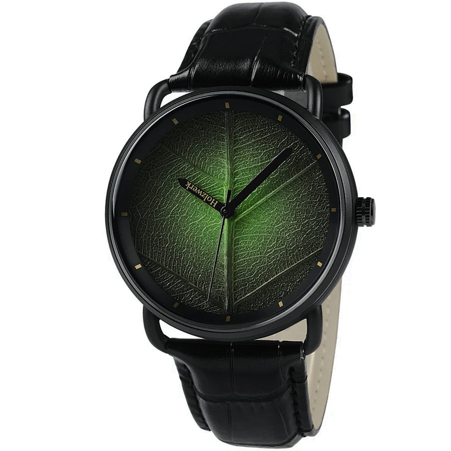 Quarzuhr FICHTENAU Leder & Edelstahl Armbanduhr, Baumblatt, schwarz, oliv grün