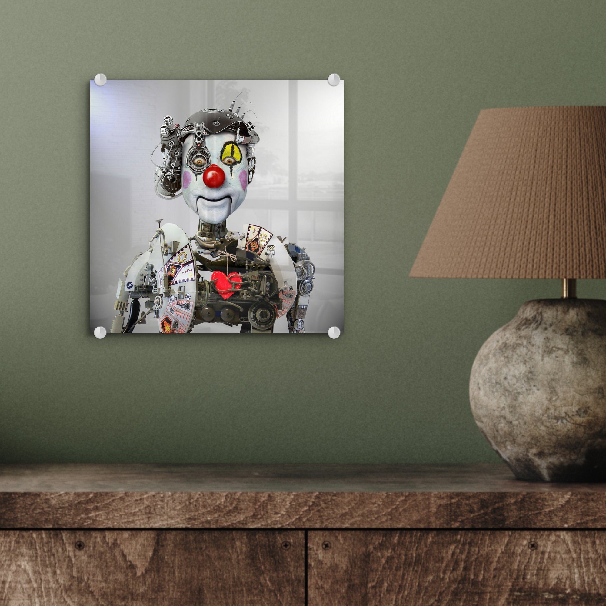 MuchoWow Acrylglasbild Elektronischer Clown, (1 Wandbild - Wanddekoration Bilder St), - auf Glas Glasbilder auf Glas Foto 