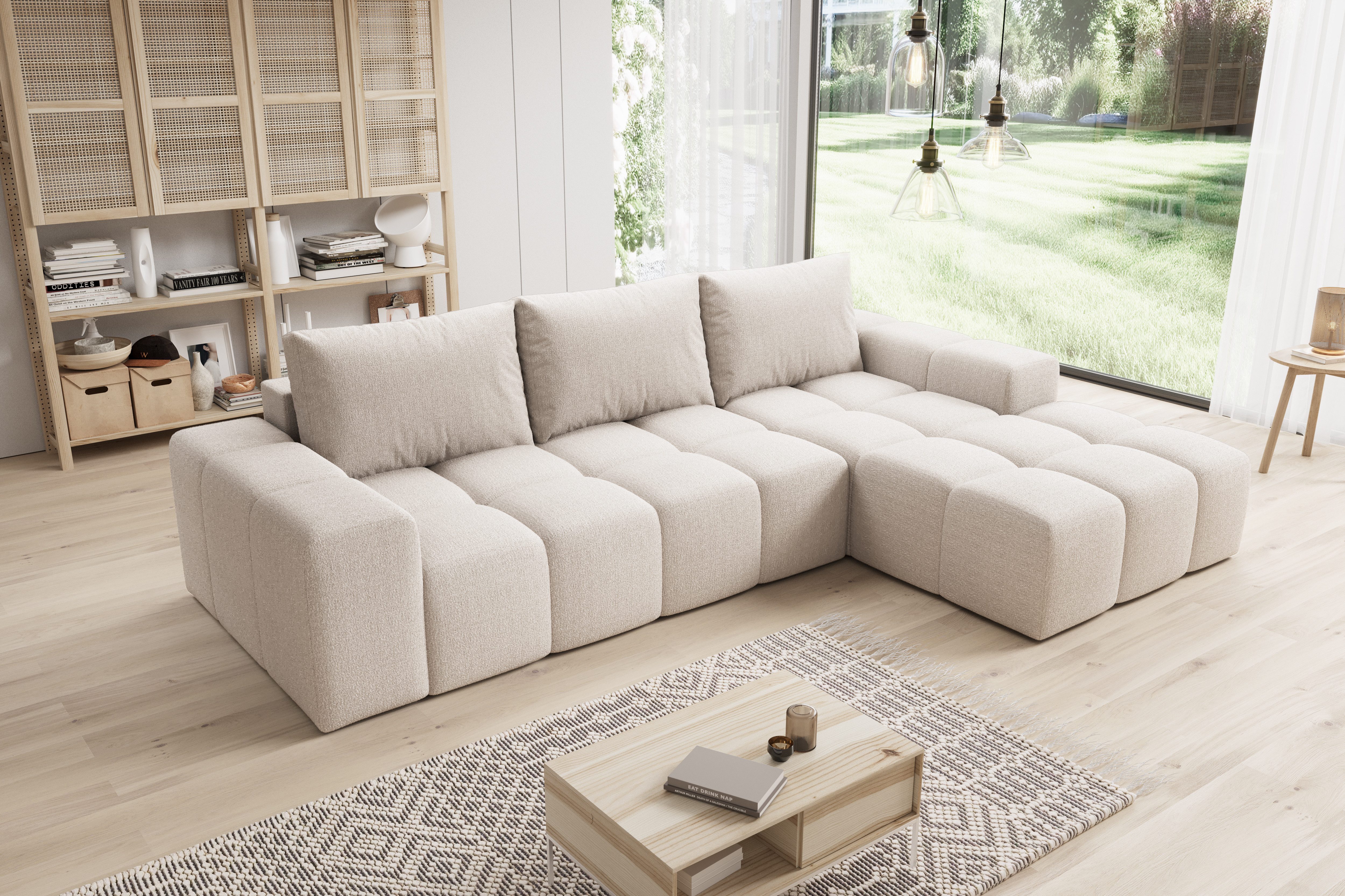 PROMETO Möbel Ecksofa Cento Couch L-Form,Sofa Links/Rechts Teddy-Bouclé-Stoff oder Webstoff