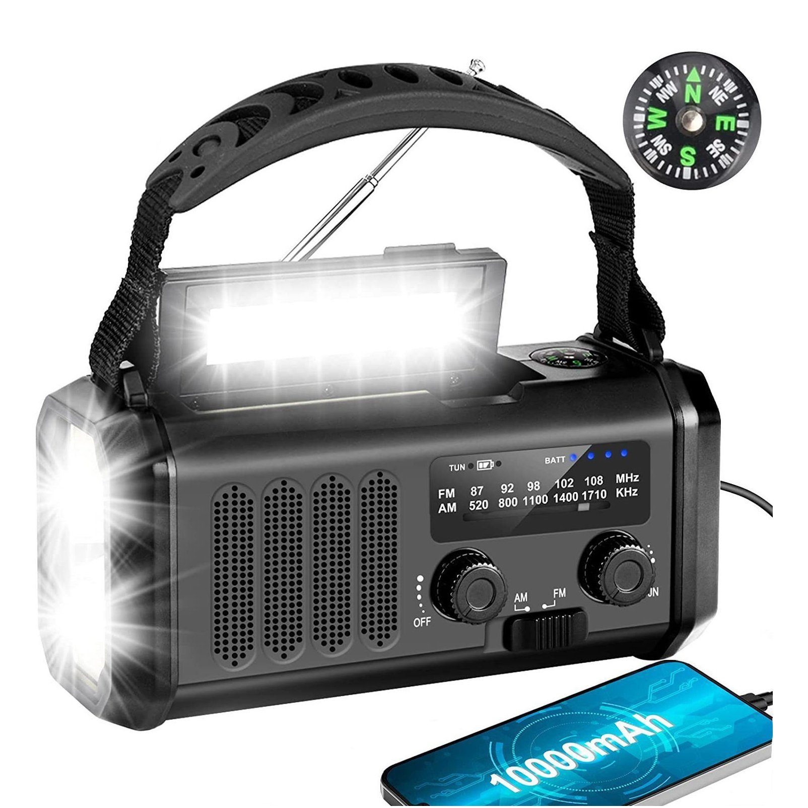 Mutoy Radio, 10000mAh Kurbelradio, AM/FM Tragbar Notfallradio, Solar Radio Digitalradio (DAB) (3 Modi LED Taschenlampe, LED Leselampe, SOS Alarm, Kompass)