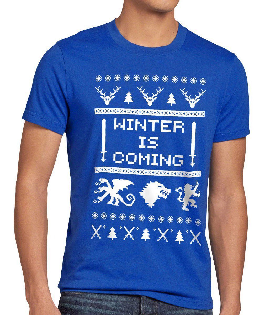 style3 Print-Shirt Herren T-Shirt 8-Bit Winter is coming thrones stark lennister of got schnee game blau