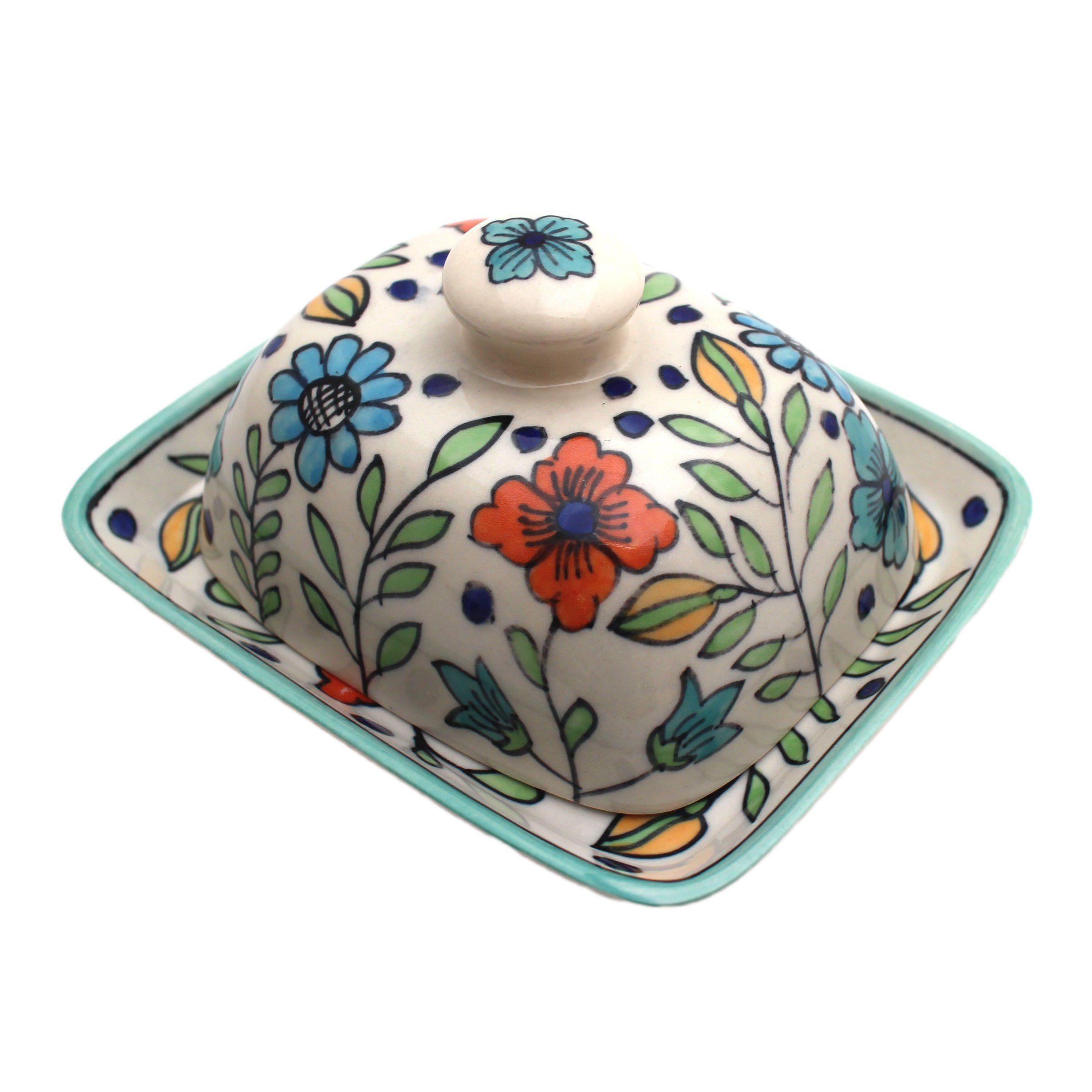 handbemalter Butterdose Keramik Gall&Zick aus Blumen Türkis Butterdose