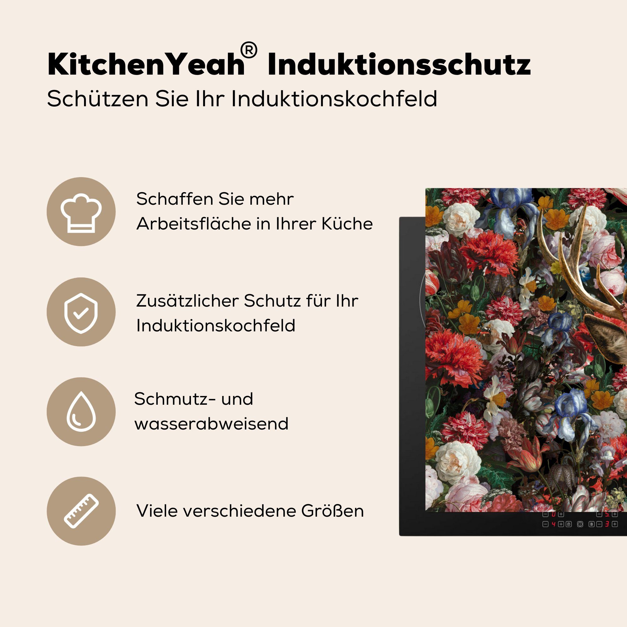 küche, Ceranfeldabdeckung Herdblende-/Abdeckplatte (1 für die Hirsche 81x52 - tlg), cm, Vinyl, - Induktionskochfeld Schutz Blumen, MuchoWow Geweihe