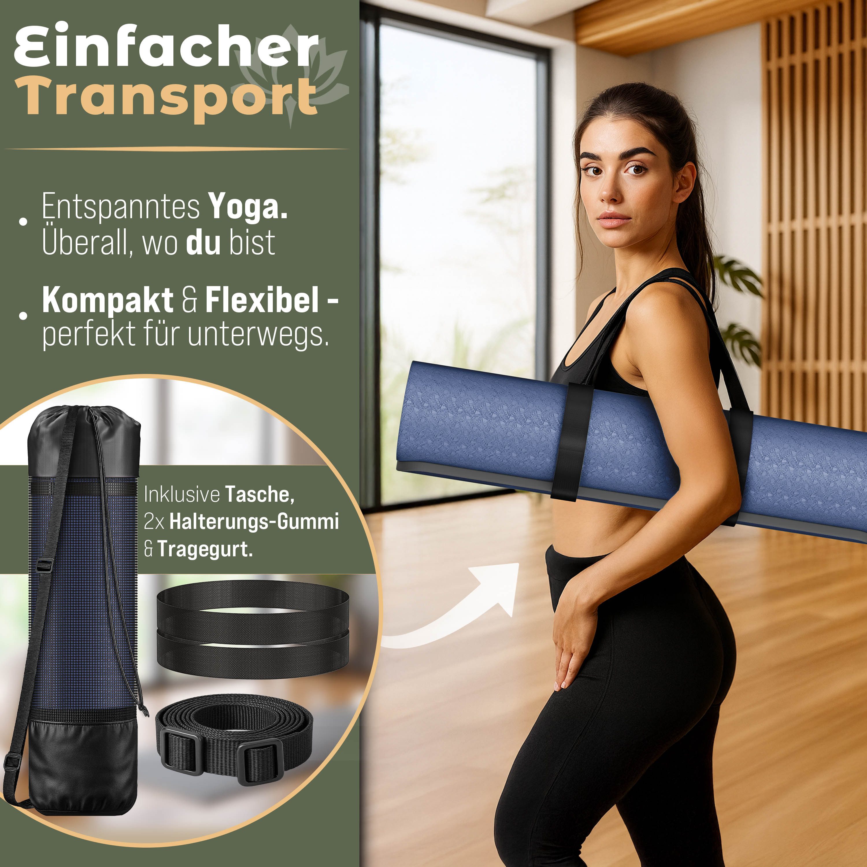 RE:SPORT Gymnastikmatte 183 x 61 x 0,6 cm mit Tragetasche Yogamatte TPE Fitnessmatte (rutschfest), Trainingsmatte mit Tragegurt Fitness Gymnastik Pilates Workout