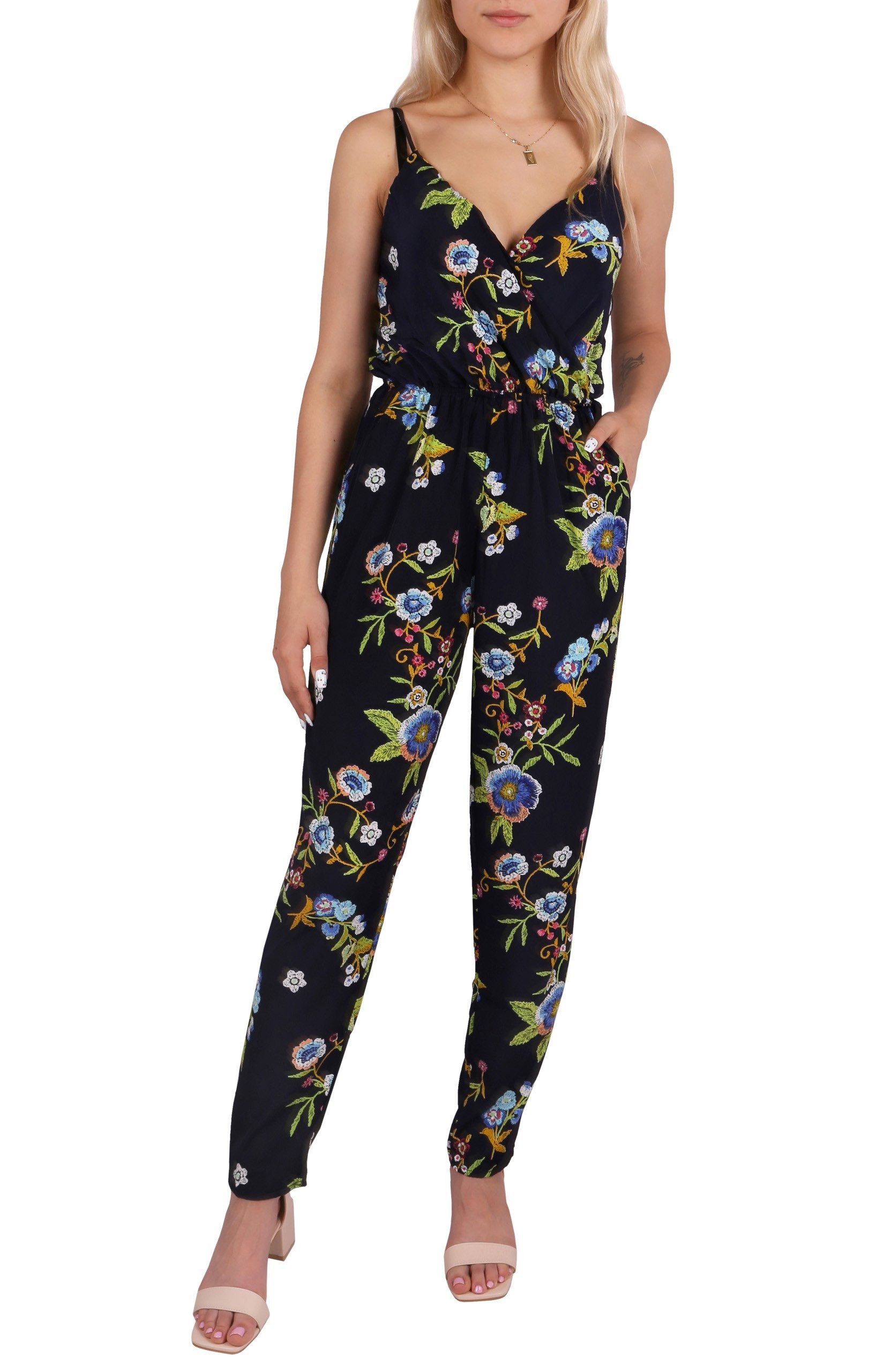 Culotte-Overall Blauer Overall Frauenkostüm mit Blumenprint, mit Träger John Zack L
