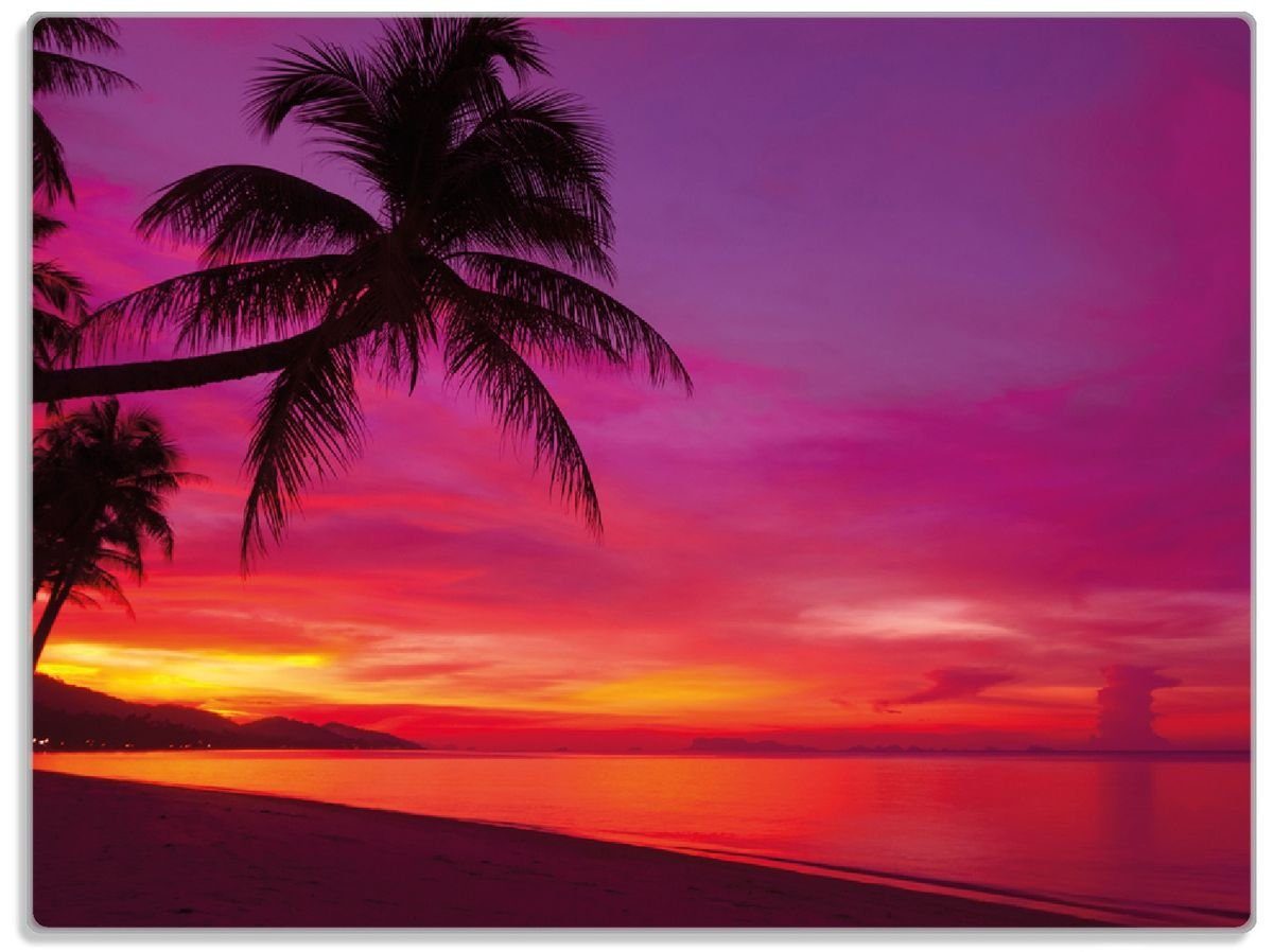 Wallario Schneidebrett Abendrot unter Palmen - pinker Himmel am Strand, ESG-Sicherheitsglas, (inkl. rutschfester Gummifüße 4mm, 1-St), 30x40cm