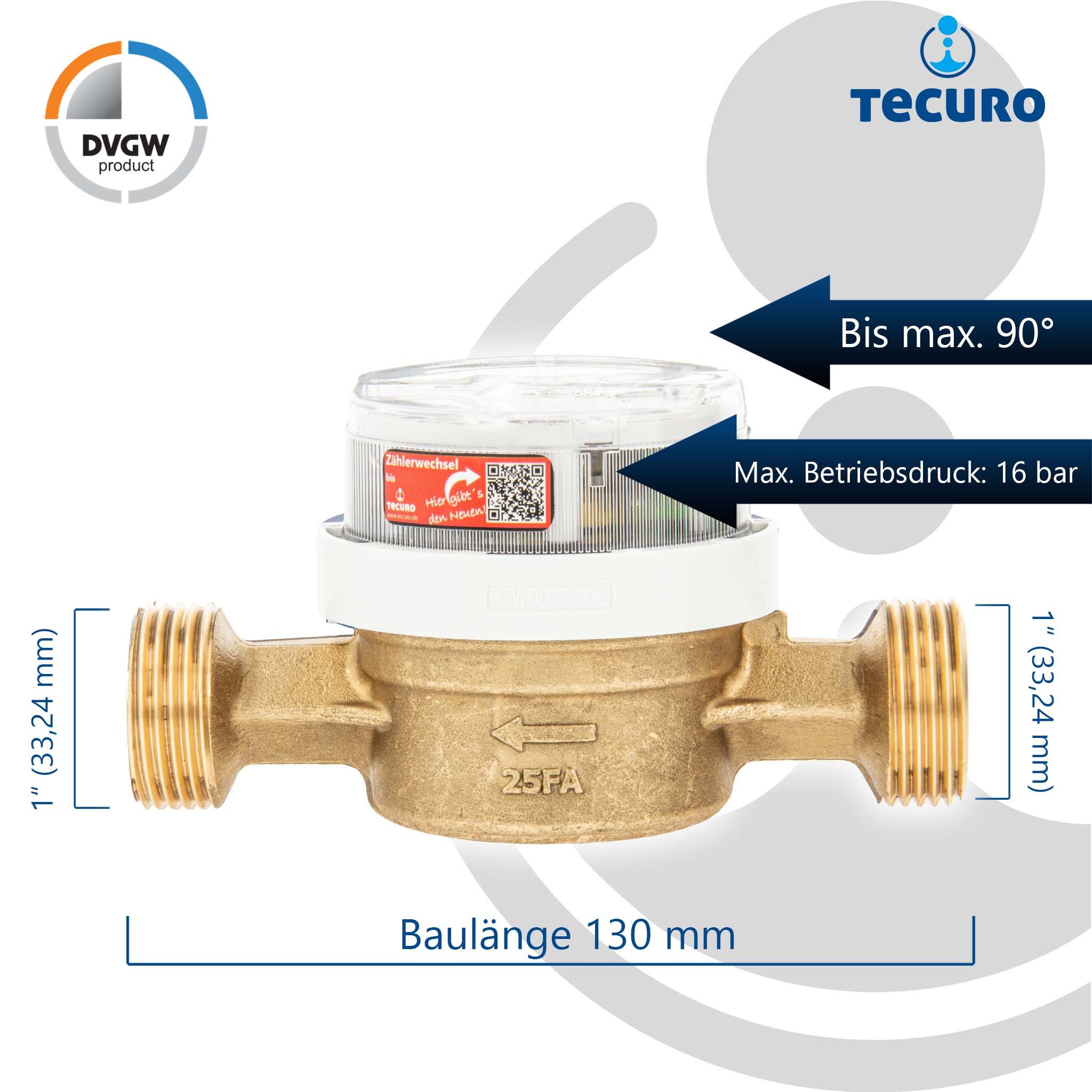 tecuro Wasserzähler Wohnungs - Wasserzähler mit Baulänge 110 mm / 130 mm, DVGW, (Inkl. Plombiersatz;inkl. Dichtung)