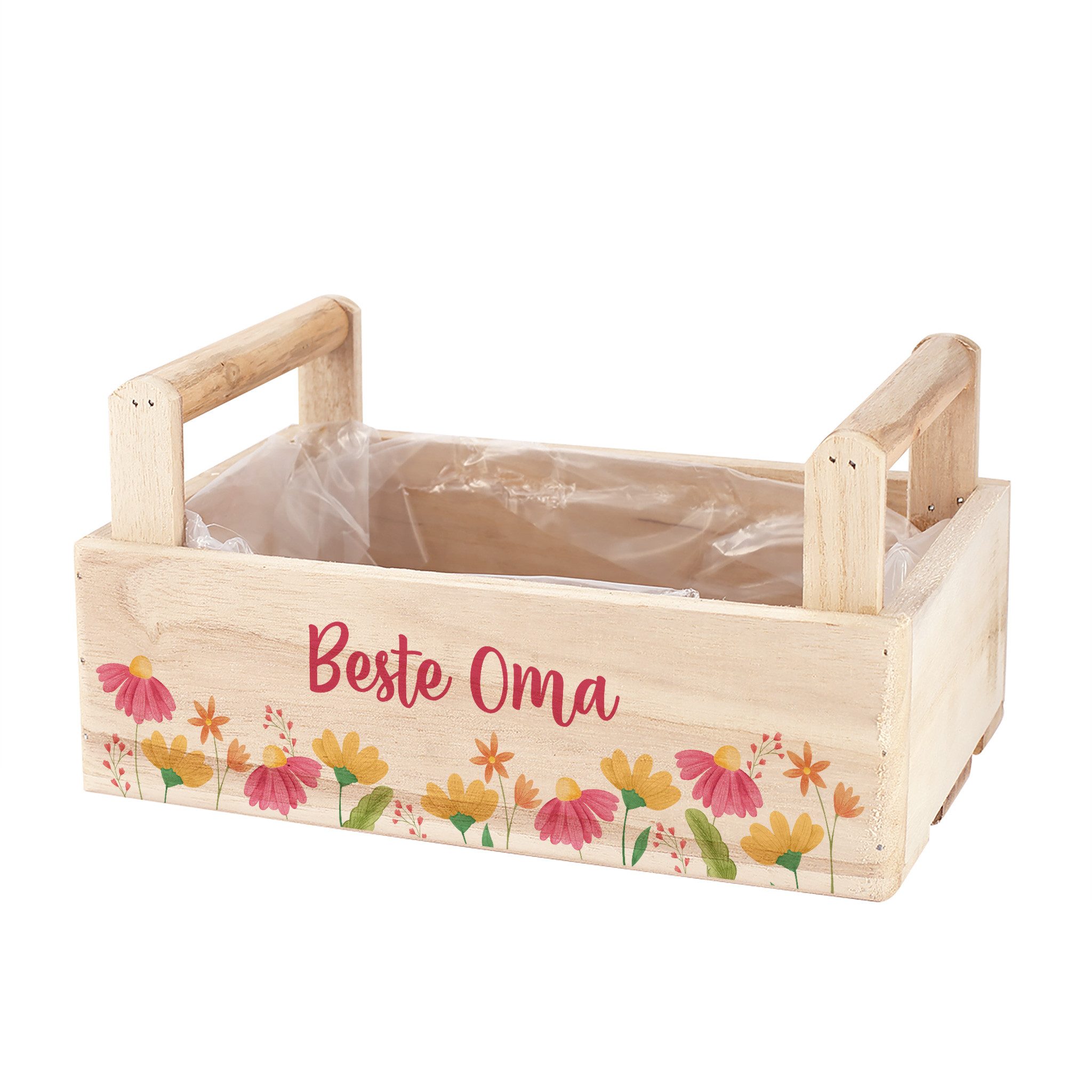 Herz & Heim Geschenkbox aus Holz - Geschenkkorb mit Blumen Motiv als Geschenkverpackung, mit Holzgriffen