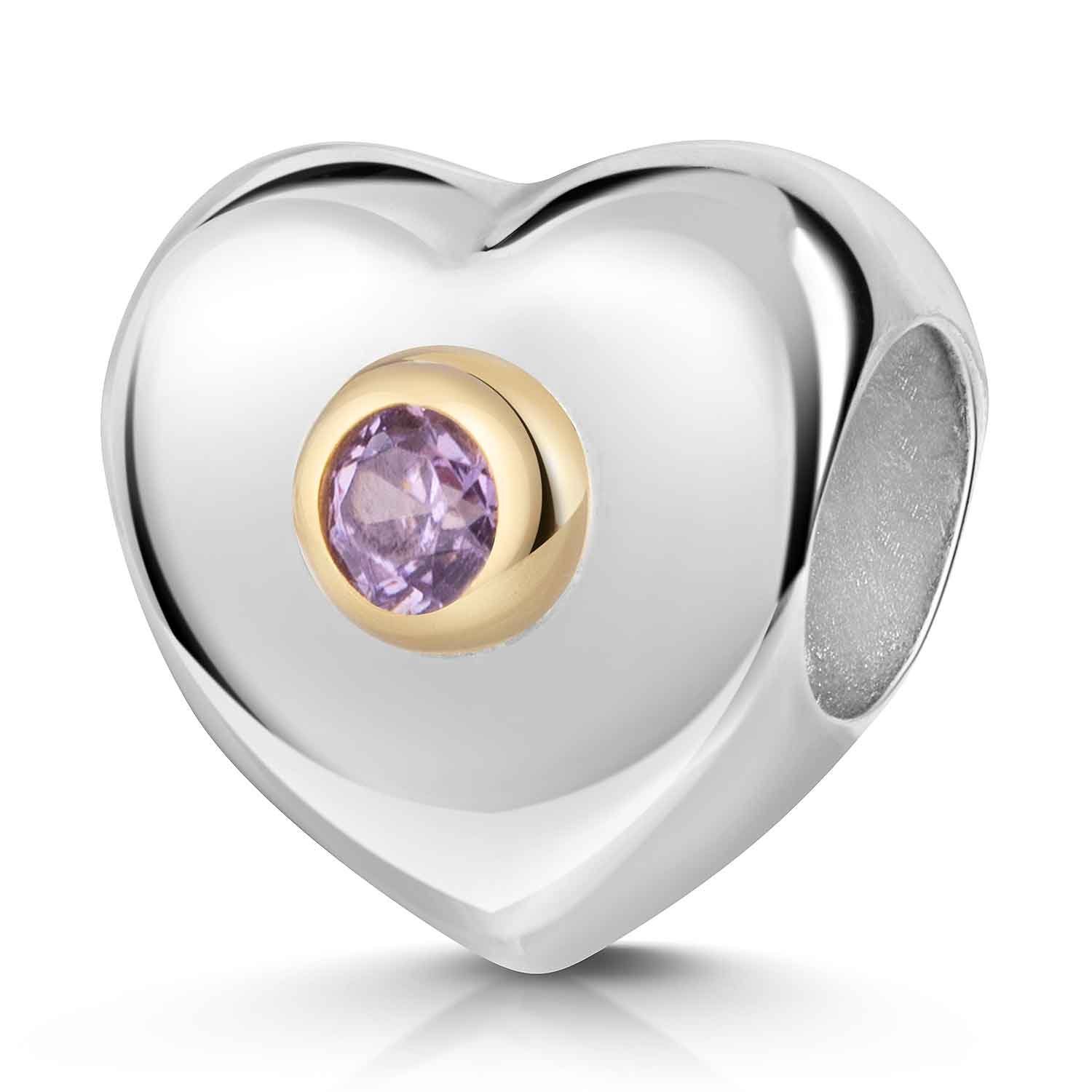 Materia Bead Herz Silber mit Zirkonia Lila Violett Gold 925 Silber 782, 925 Sterling Silber, teilvergoldet
