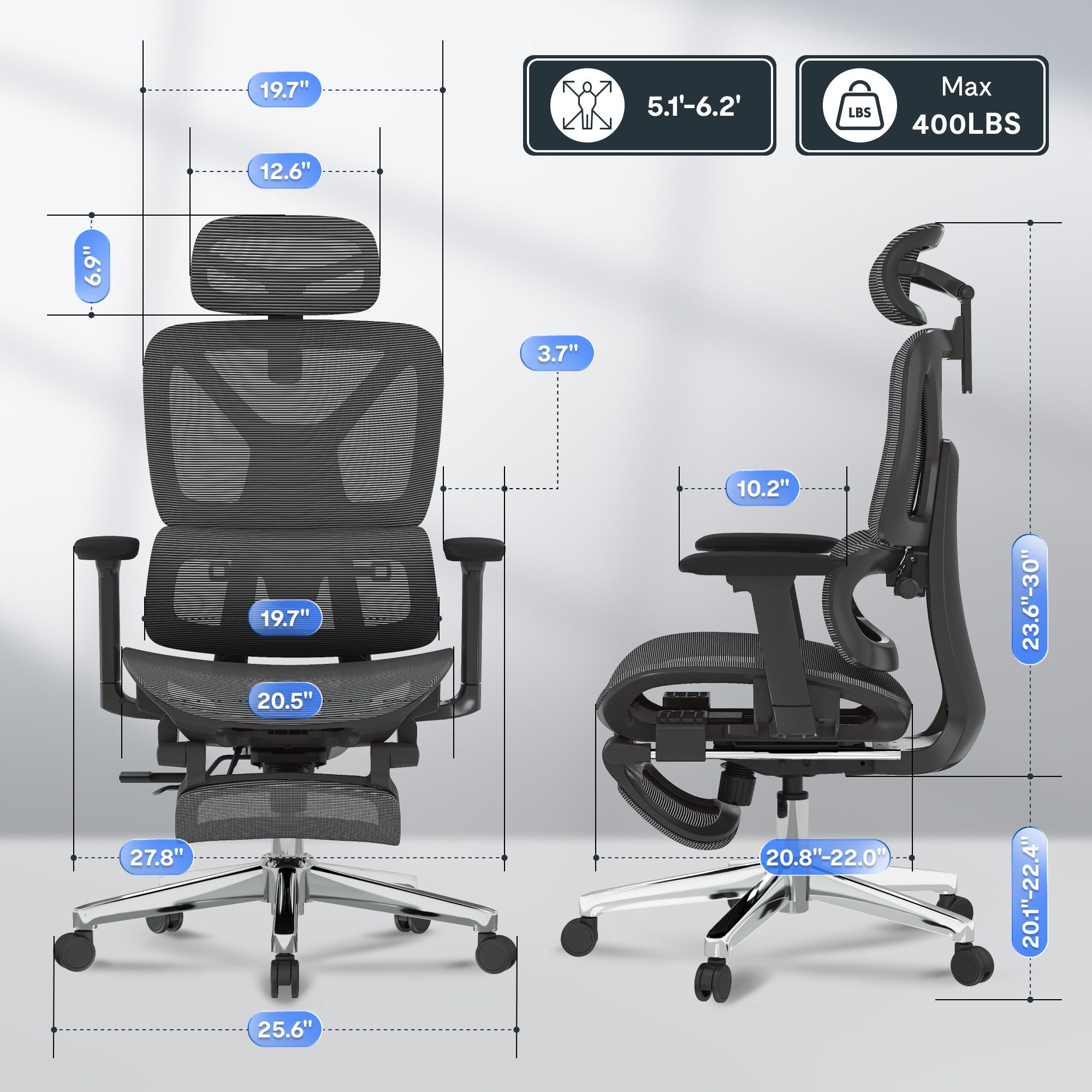FLEXISPOT Bürostuhl ErgoX, Schreibtischstuhl Premium Ergonomischer (Rückenlehne verstellbar 90°-135°, 3D-Armlehnen, 3D-Kopfstütze, 5D-verstellbare Rückenlehne), Chef-Mesh-Bürostuhl, 130KG Tragkraft, mit Fußstütze