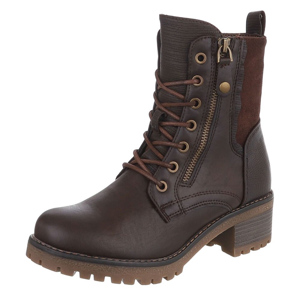 Ital-Design Damen Schnürstiefel mit Reißverschluss und Profilsohle Schnürstiefelette (92497661) Blockabsatz Stiefeletten in Braun