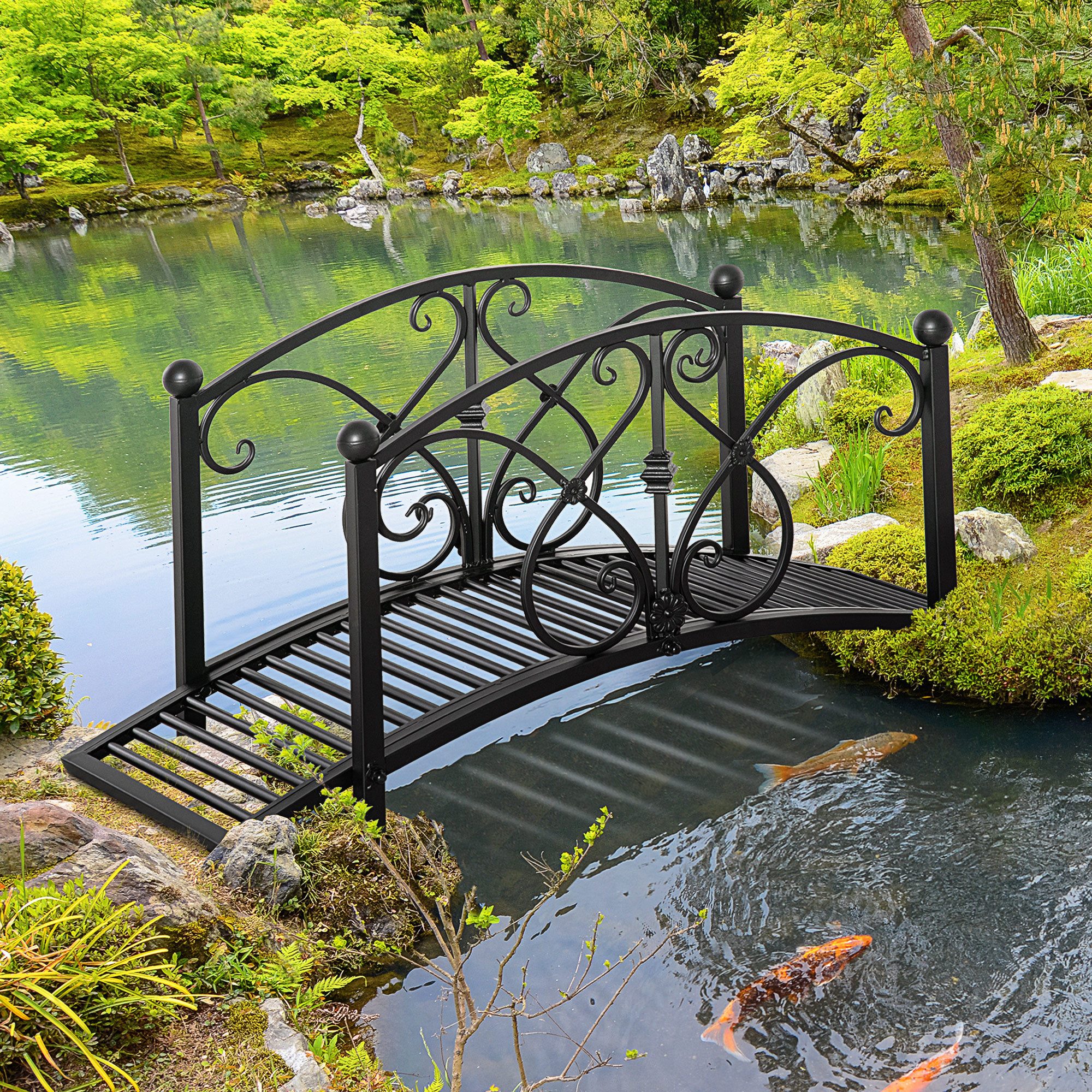 Outsunny Zierbrücke Gartenbrücke mit Sicherheitsgeländer bis 100 kg belastbar, (Gartenbrücke, 1 St., Teichbrücke), für Garten Park Hinterhof 102 x 48 x 49 cm Schwarz