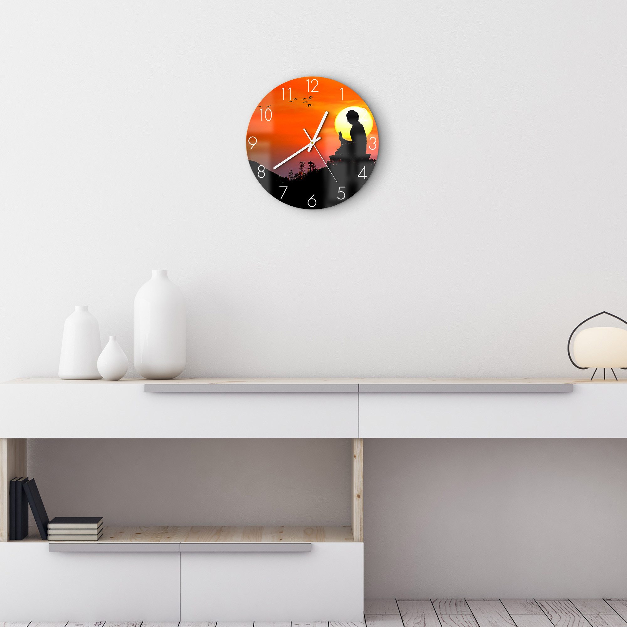 DEQORI Wanduhr 'Buddha im Sonnenlicht' (Glas Glasuhr modern Wand Uhr Design Küchenuhr)