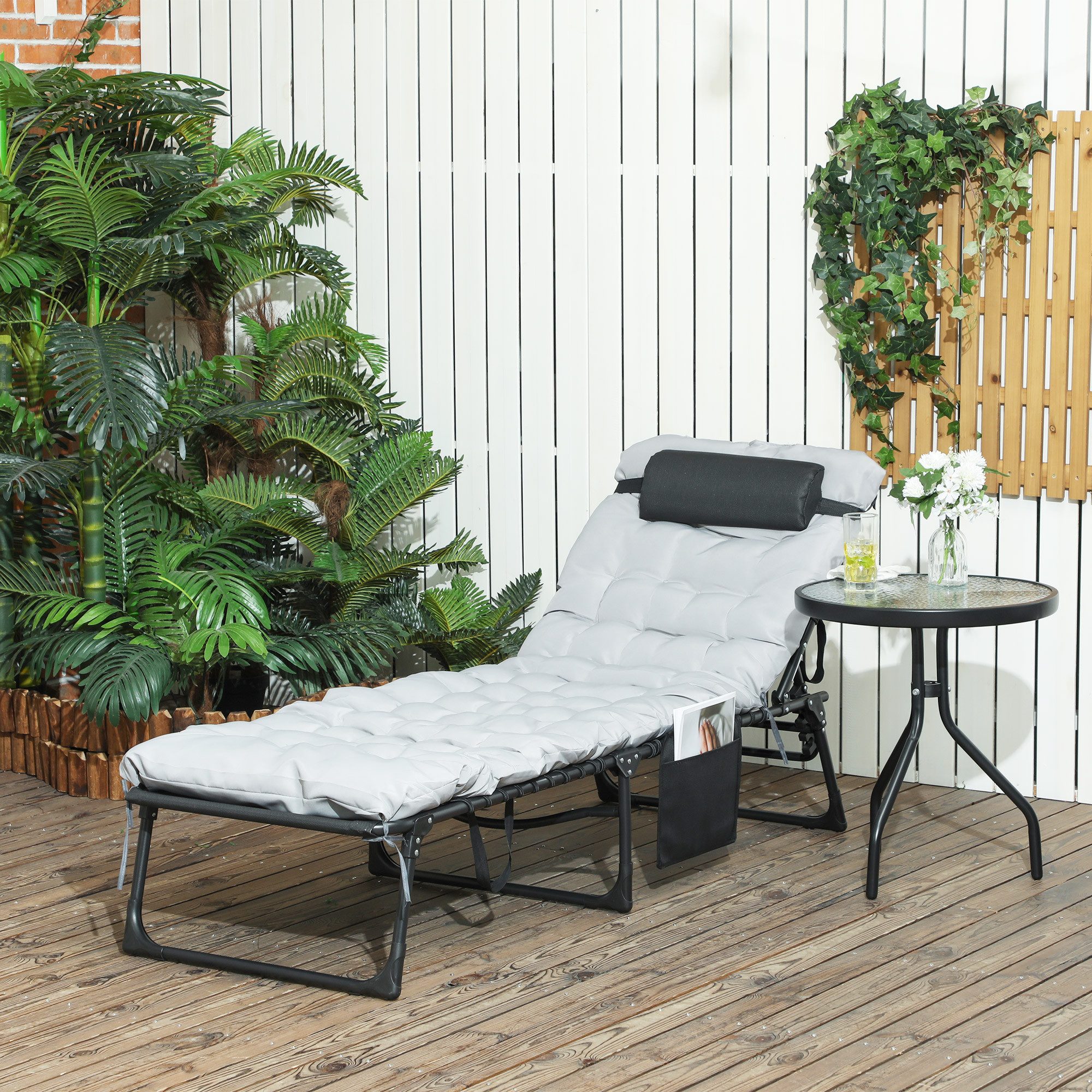Outsunny Feldbett Sonnenliege faltbar 5-stufige verstellbarer Rückenlehne bis 120kg (Campingbett, 1-St., Feldbett) Hellgrau, Stahl, Polyester, 58 x 189 x 32,5cm