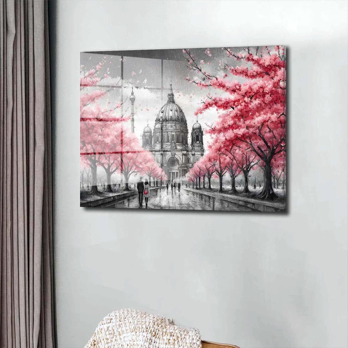 Artedinoi Acrylglasbild Berlin Bäume mit rosa Blätter Acrylglas Wandbild Bild Wanddeko XL