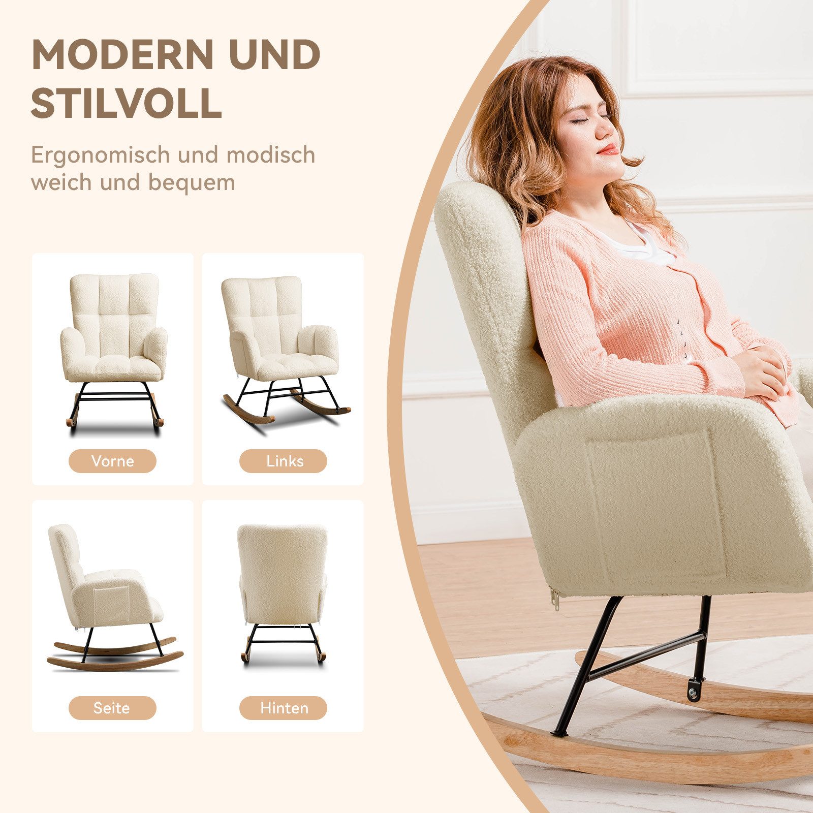 COMHOMA Schaukelstuhl Wohnzimmer Ohrensessel mit Armlehnen 160kg Tragfähigkeit, Balkon Garten Wohnzimmer Schlafzimmer