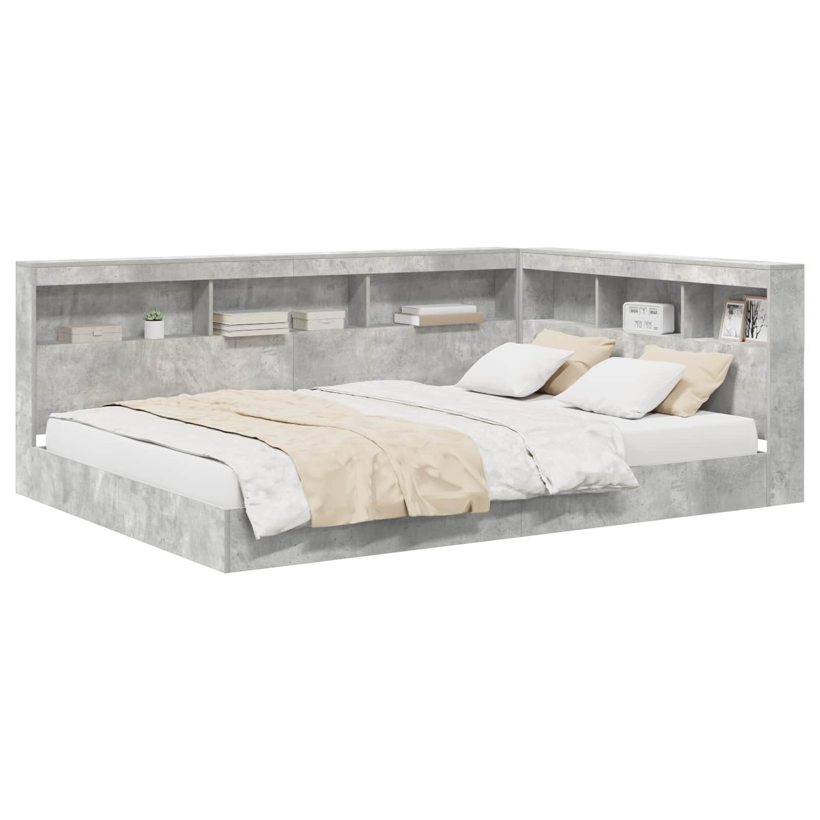 furnicato Bett Bücherregal-160 x 200 cm Betongrau, L-förmiges Einzelbett mit integriertem Regal für dein Schlafzimmer