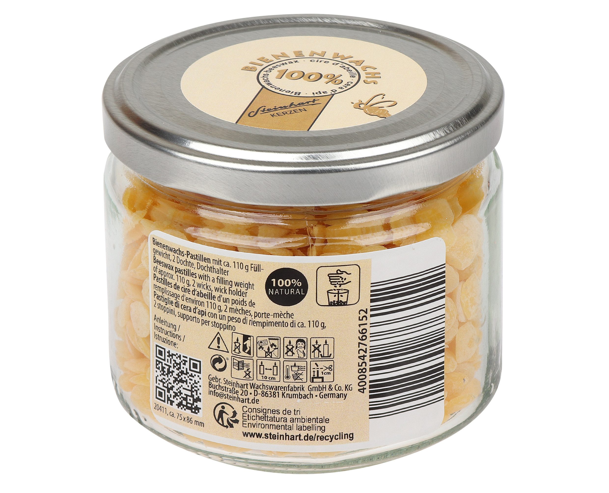 Steinhart Kerzen Bienenwachskerze 100% Bienenwachs-Pastillen im Schraubglas mit Dochte und Dochthalter