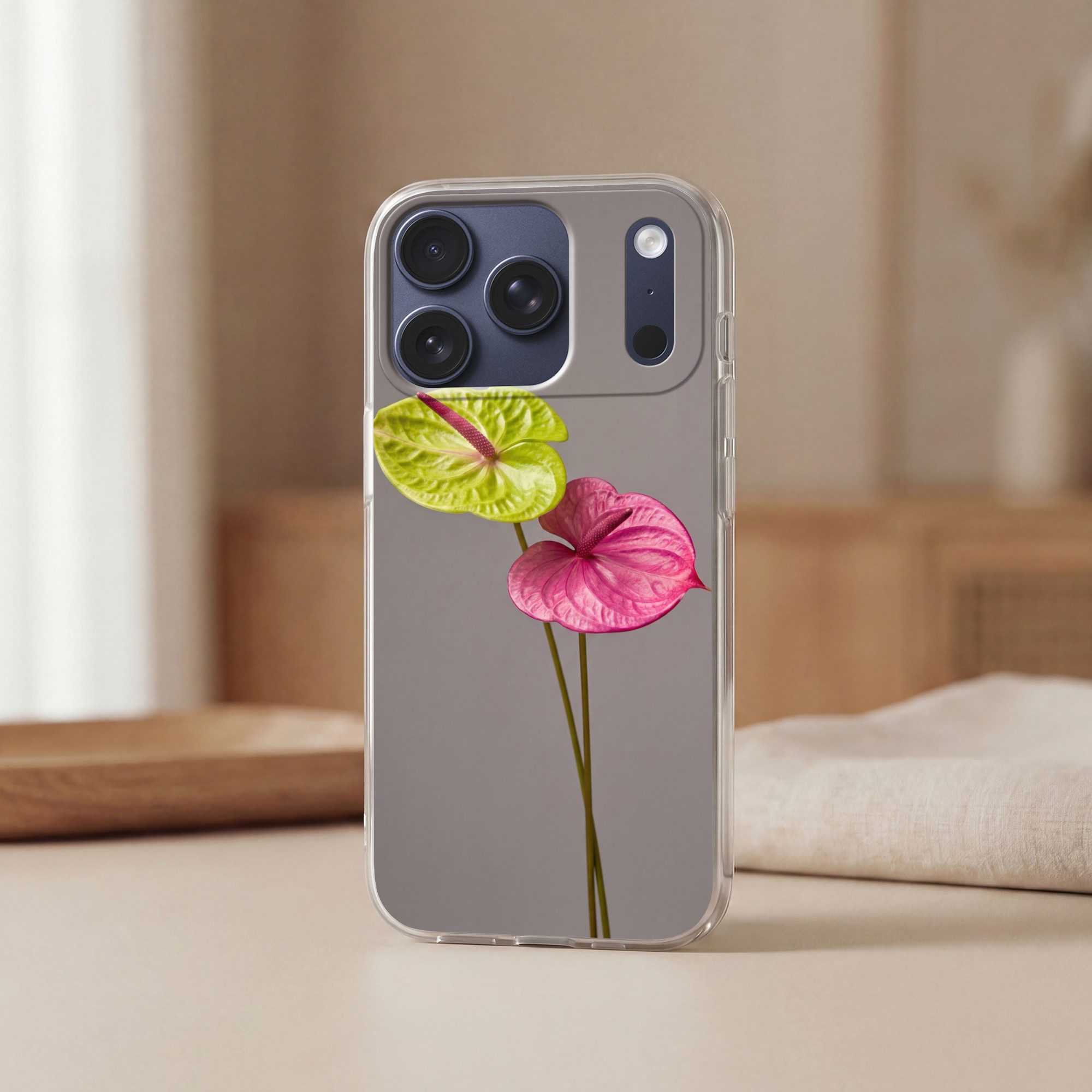 MuchoWow Handyhülle für Apple iPhone 17 Pro Pflanzen - Anthurium - Grün - Rosa, Smartphone-Bumper, Print, Handy Schutzhülle Dünn