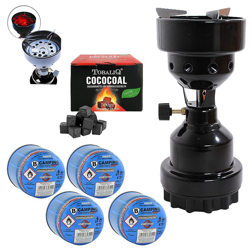 Mianova Camping-Gasgrill 1 flammig Gaskocher Schwarz Campingkocher Kocher 4 Kartuschen Kohle, BBQ Barbecue Tischgrill Notfall Campingherd Stromausfall Notkocher Notfallkocher, 2in1 Metall Shisha Kohleanzünder Outdoor Grill Camping Herd