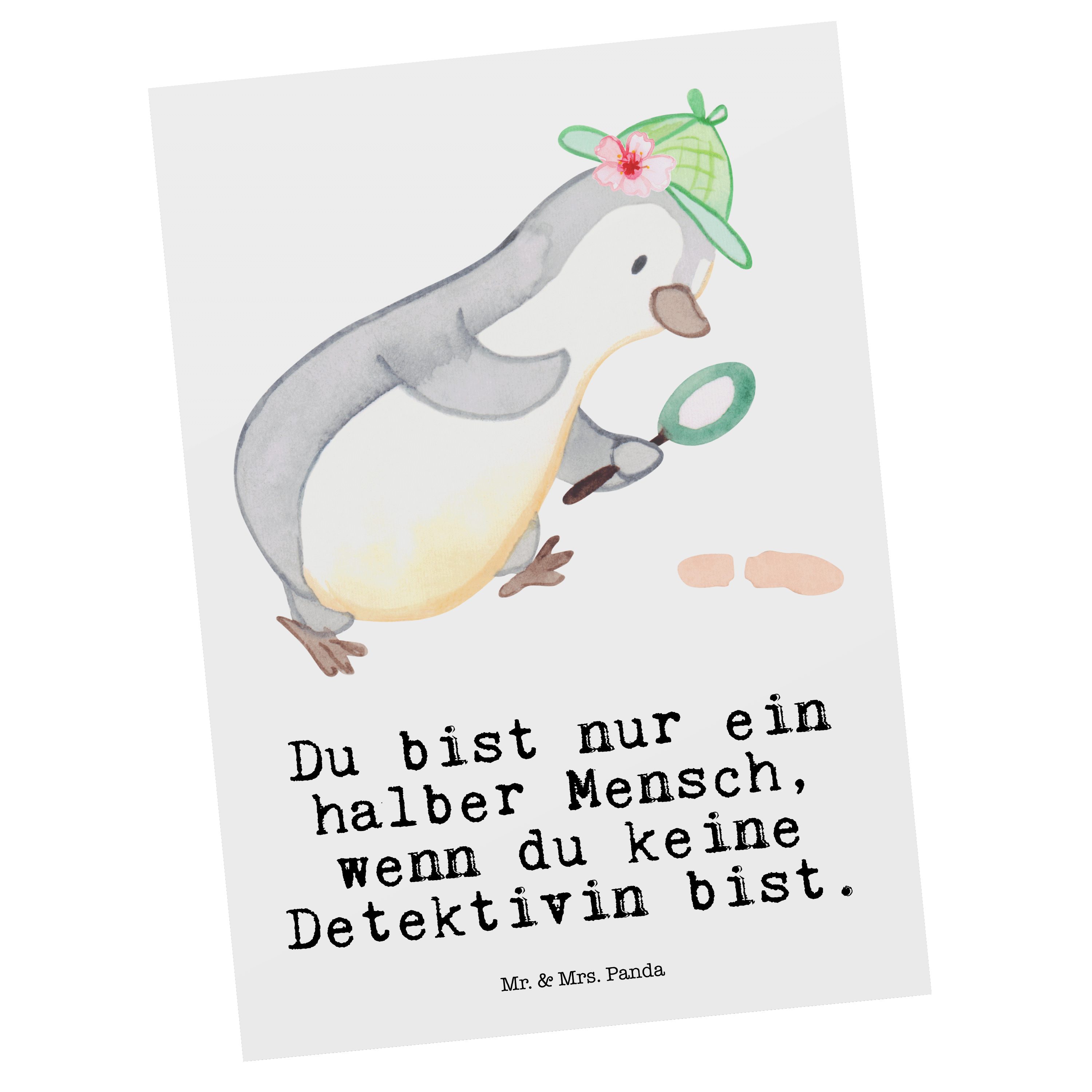 Mr. & Mrs. Panda Postkarte Detektivin mit Herz - Weiß - Geschenk, Geburtstagskarte, Ermittlerin