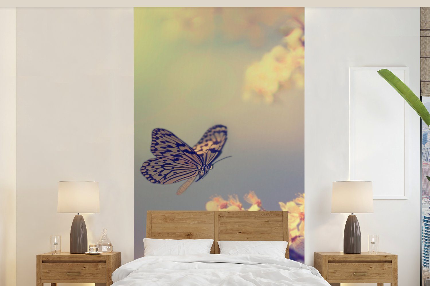 Zweig für St), - Schlafzimmer Blüte Küche, Fototapete - Wohnzimmer MuchoWow bedruckt, - Fototapete (2 Matt, Baum, Vliestapete Schmetterlinge