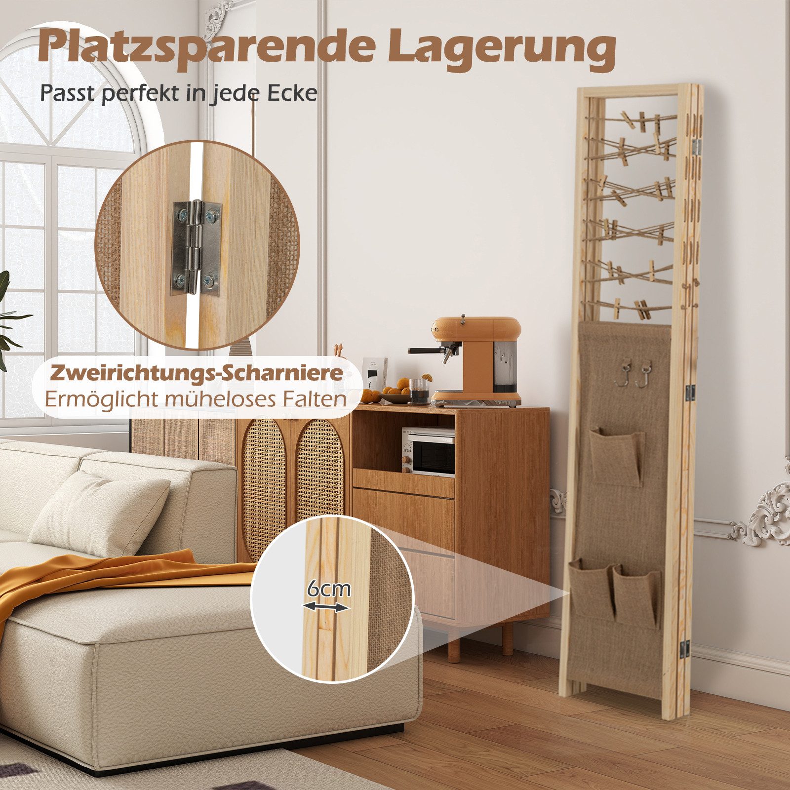 KOMFOTTEU Paravent, Raumtrenner mit 8 Aufbewahrungstaschen & 4 Haken & 20 Holzklammern