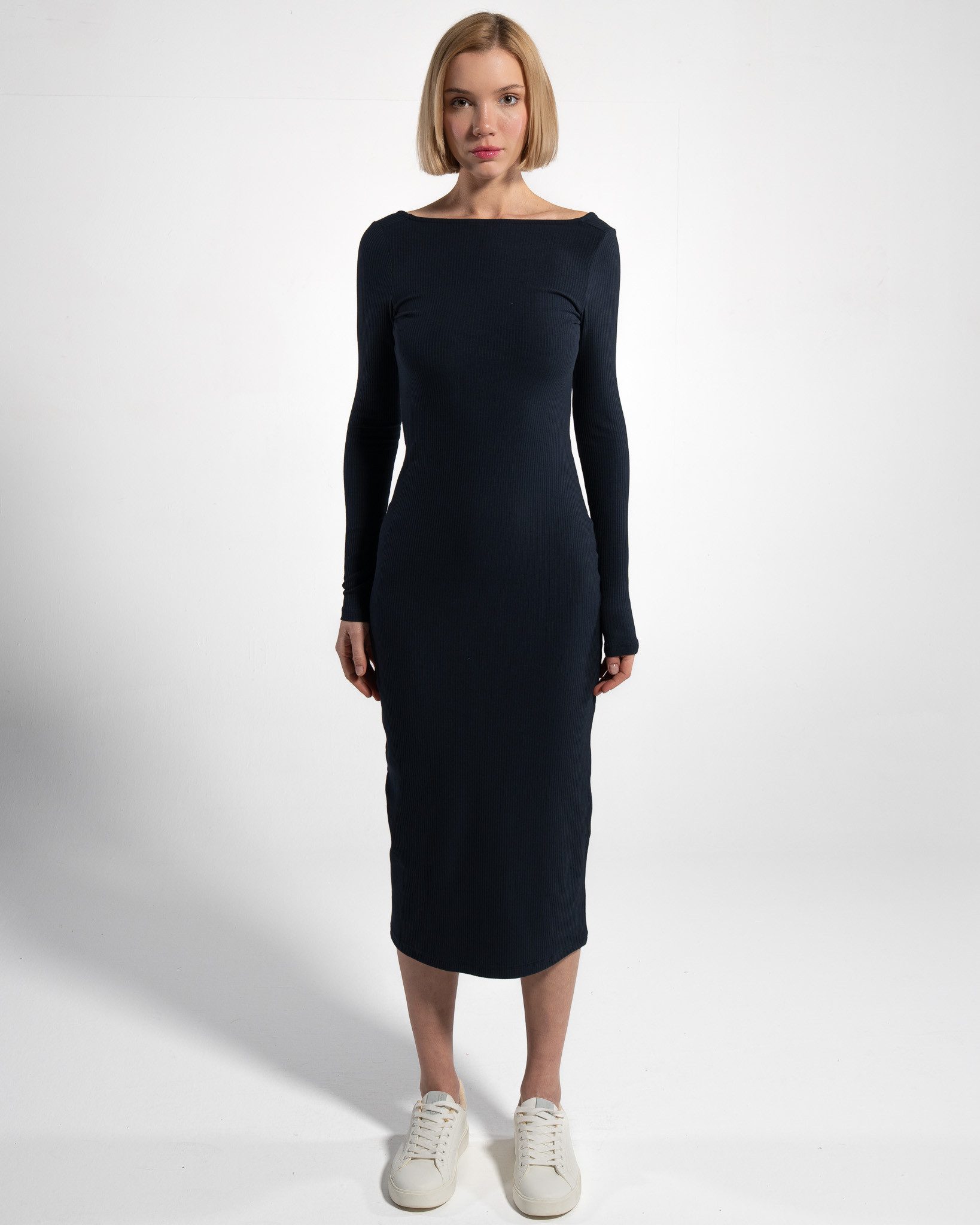 GORG Midikleid Geripptes Langarm-Midikleid aus Bio-Baumwolle günstig online kaufen