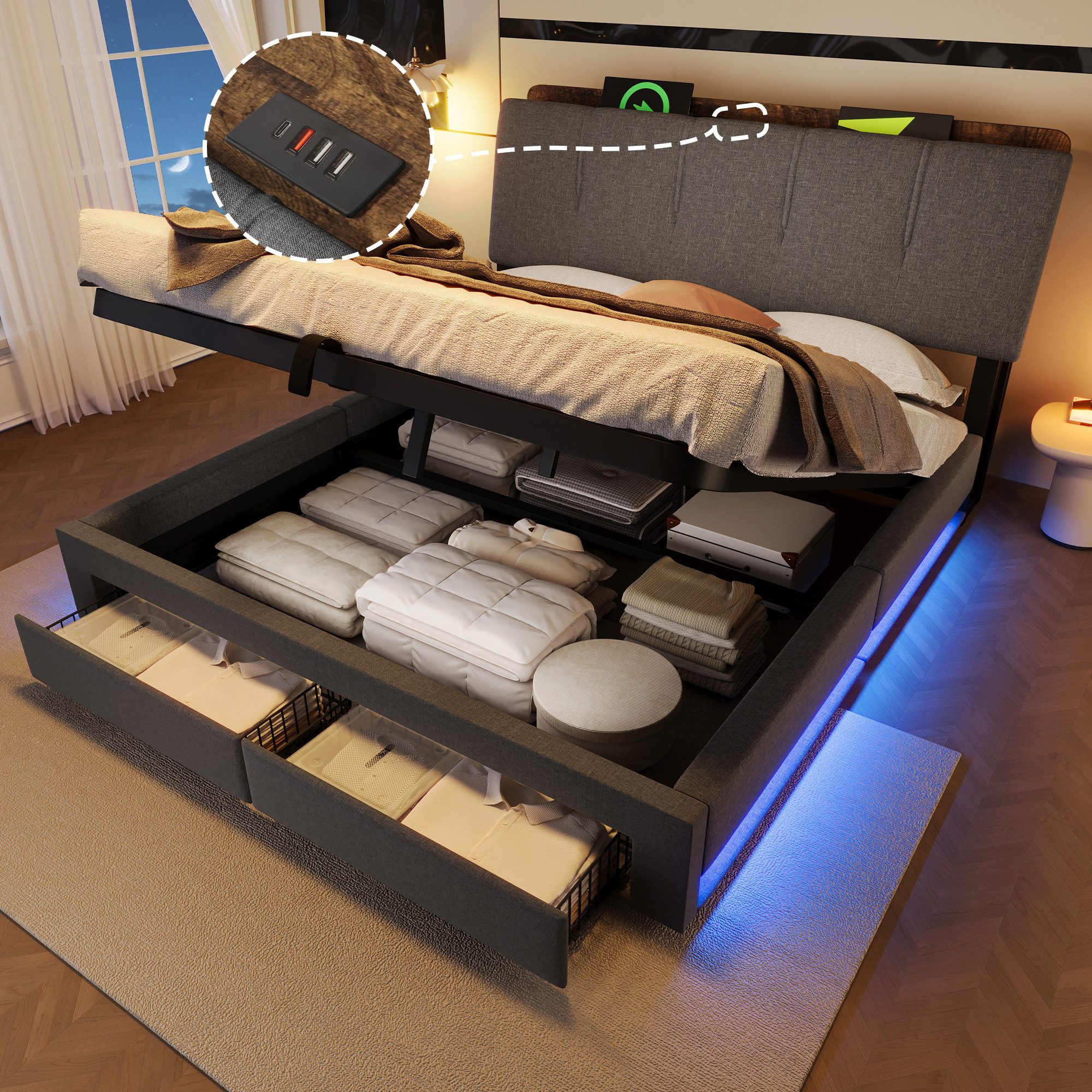 Merax Polsterbett mit LED-Beleuchtung, USB & Typ-C (1-tlg), Doppelbett 140x200cm mit hydraulischem Stauraum & 2 Schubladen, Leinen