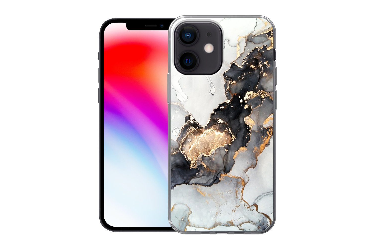 MuchoWow Handyhülle für Apple iPhone 12 Mini Marmor - Schwarz - Weiß - Gold - Luxus - Abst, Smartphone-Bumper, Print, Handy Schutzhülle Dünn
