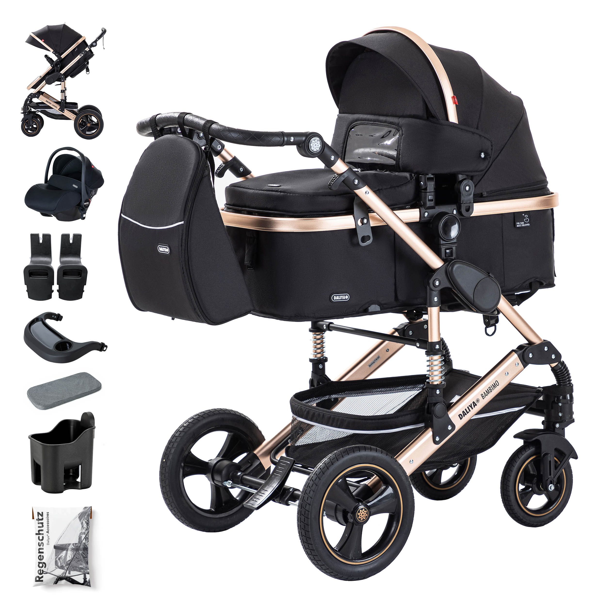 Daliya® Kombi-Kinderwagen BAMBIMO 3in1 Kinderwagen & Buggy mit Auto-Babyschale und Adapter, (XXL-Set inkl. Wickeltasche und Spieltisch, 15-tlg), Babyschale, Airless-Räder, Federung, weiche Matratze, Belüftungssystem