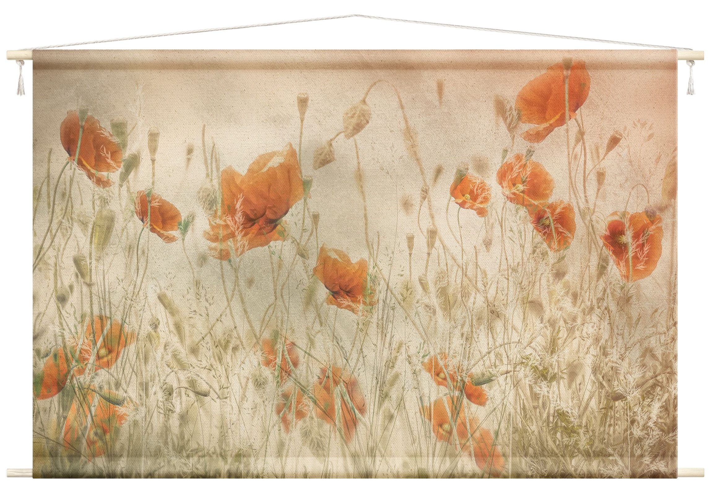 Bilderdepot24 Wandteppich modern Blumen Mohnblume Vintage Landhaus beige, rechteckig, Höhe: 2.6 mm, großes Wandbild aus Natur-Baumwolle Wandbehang Stoffbild Tuch Wollseil