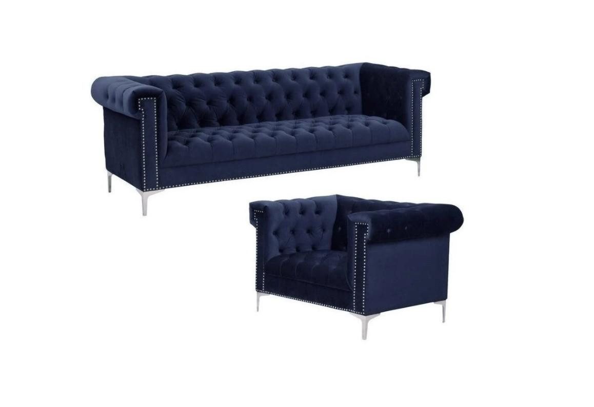 JVmoebel Chesterfield-Sofa Luxuriöses Royalblau Sofa mit Chesterfield-Optik und Edelstahlakzenten, Set, Made in Europa