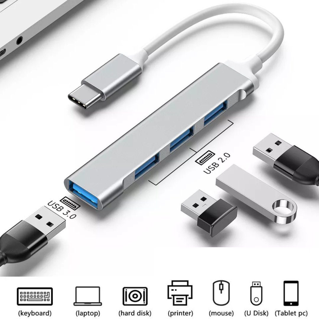 Alpha Electronics USB Verteiler USB-Adapter USB-C zu USB 3.0 Typ A, Standard-USB, 8 cm, 4in1 Splitter, für Laptop und andere Typ- C- Geräte