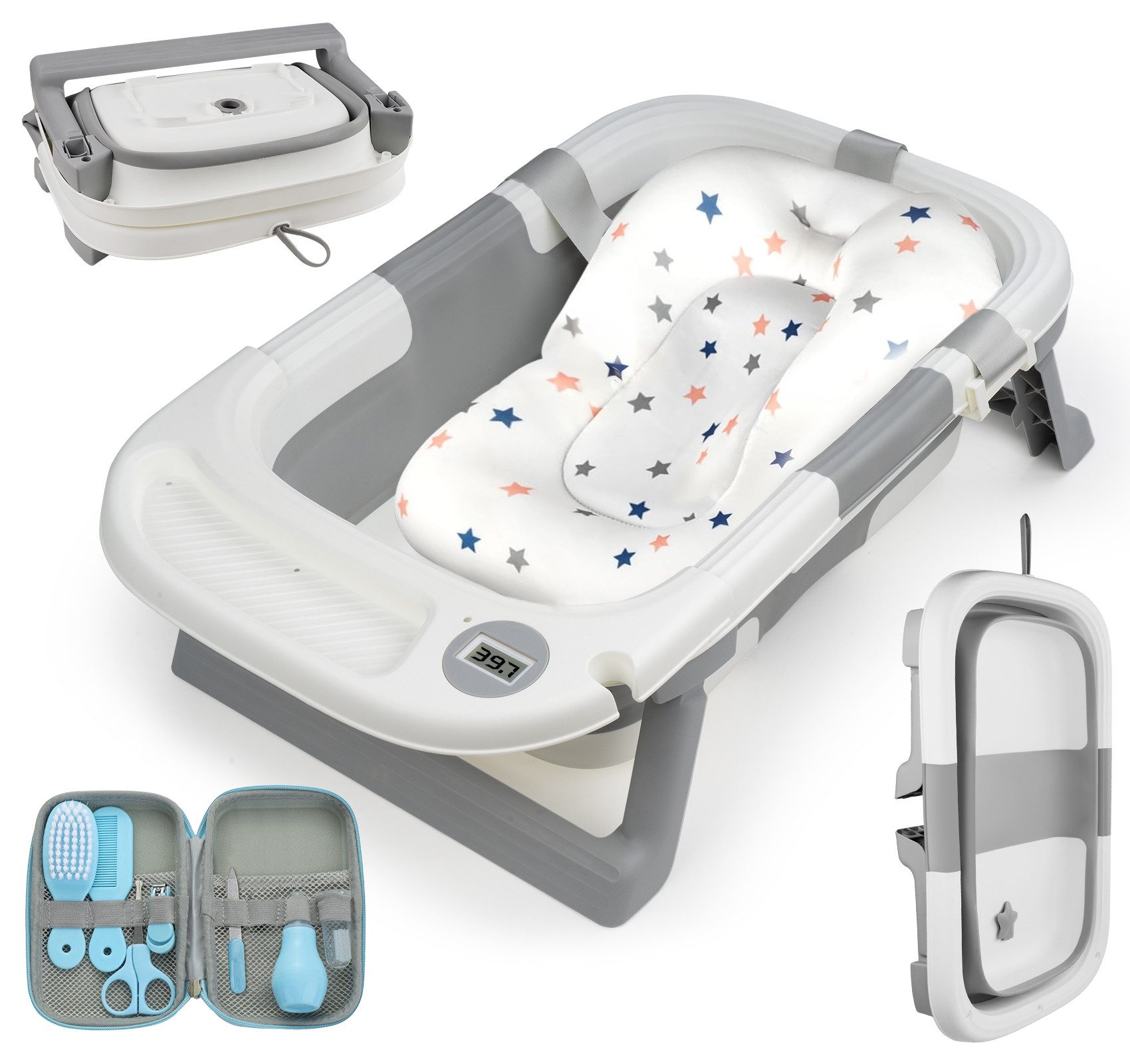 lindahandel Babybadewanne Graue faltbare Baby Badewanne mit Pflegeset & Badeauflage, klappbar, (1-tlg), mit Anti-Rutsch-Badekissen, Baby Bathtub