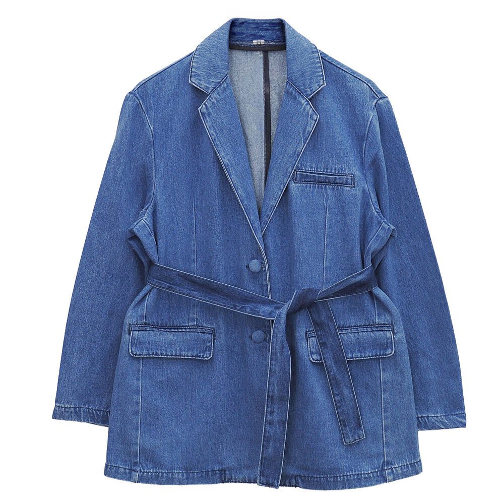 Ital-Design Jeansjacke Damen Blazer mit Gürtel und Reverskragen (91978438) Used-Look Jeansjacke in Blau – Bild 5 von 5
