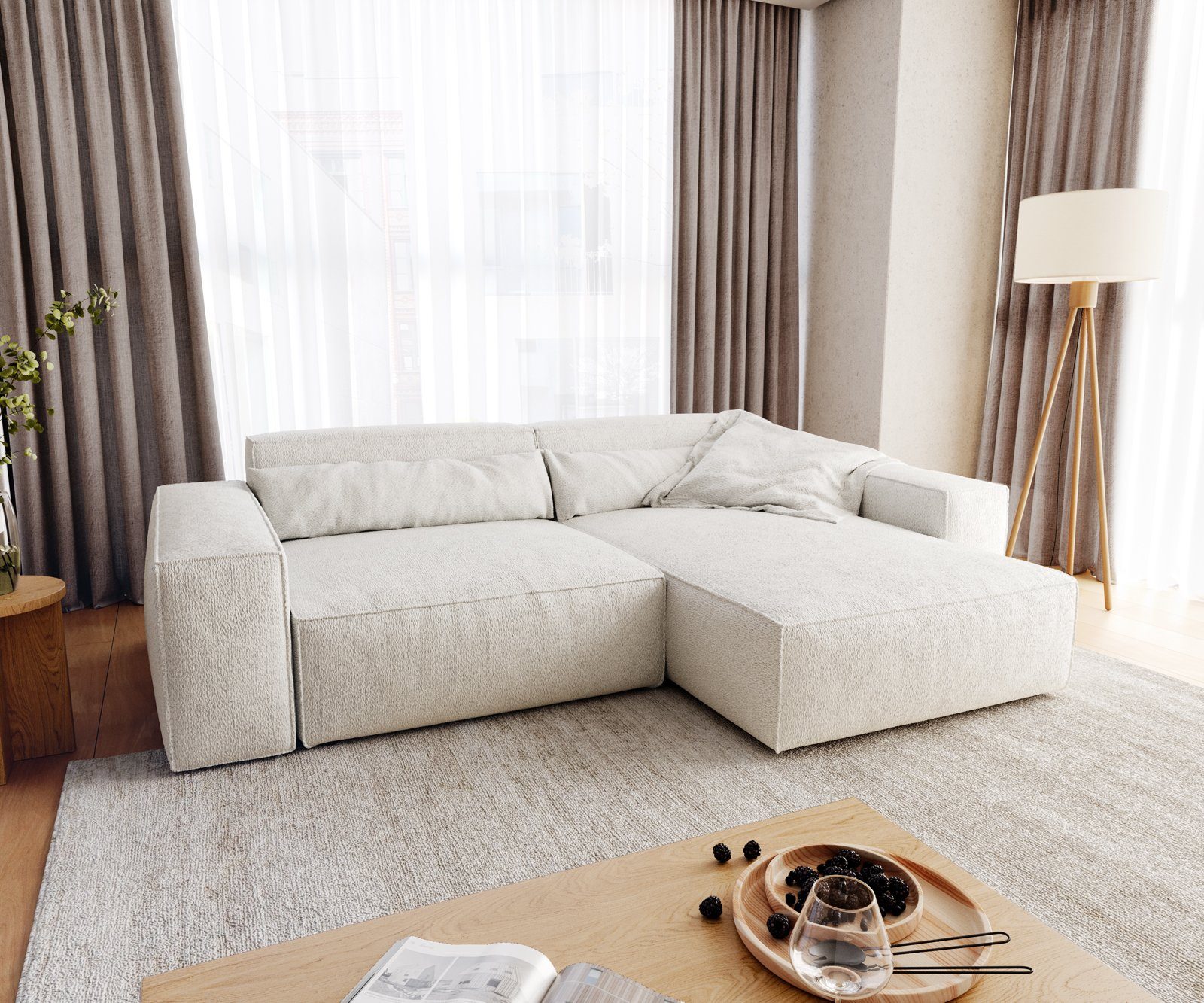 DELIFE Ecksofa Sirpio, XL Bouclé Creme-Weiß 270x170 cm Recamiere variabel