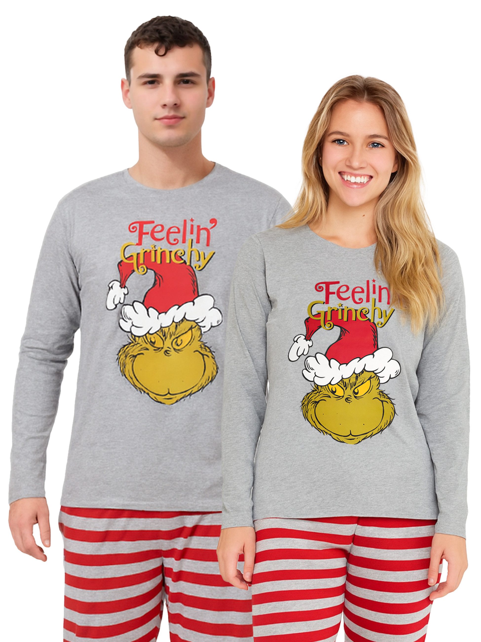 United Labels® Schlafanzug The Grinch Schlafanzug Damen und Herren Pyjama Set Langarm Grau/Rot