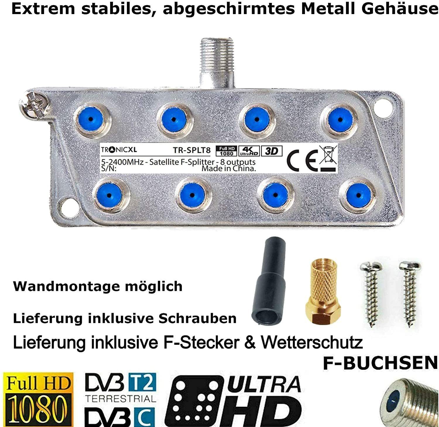 TronicXL SAT-Verteiler Sat Splitter 8-Fach Digital Antennenverteiler + F-Stecker Wetterschutz