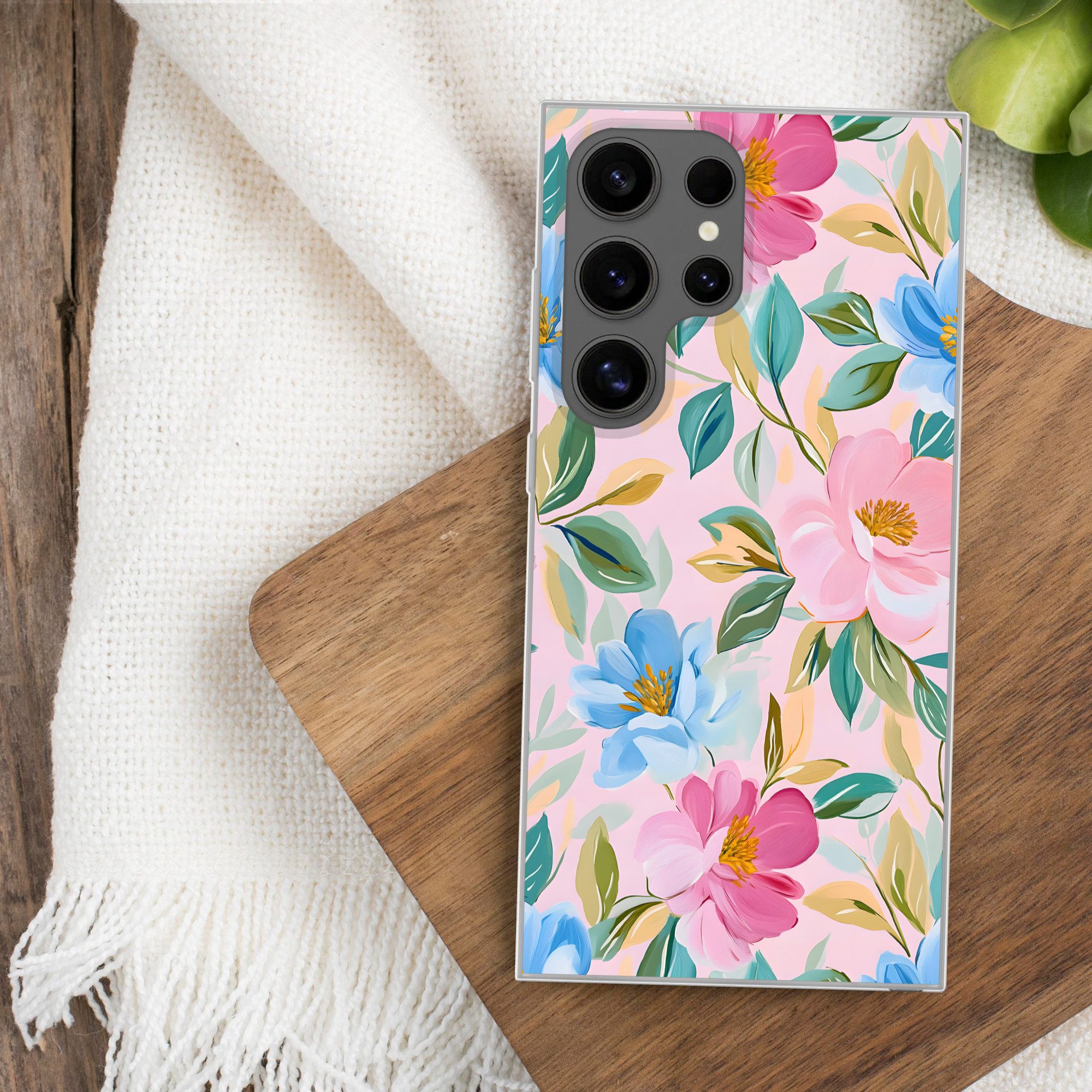 MuchoWow Handyhülle für Samsung Galaxy S24 Ultra Blau - Rosa - Blumen, Phone Case, Silikon, Schutzhülle Dünn