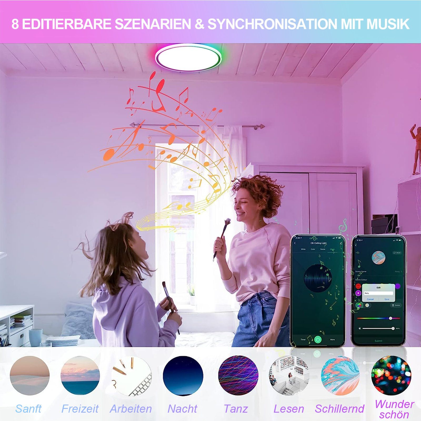 MUPOO LED Pendelleuchte LED Deckenleuchte RGB Pendelleuchte WIFI 30cm∅ LED Panel Dimmbar,Timer, 16 Millionen RGB, Bluetooth,Fernbedienung,mit Hintergrundbeleuchtung,Alexa & Google Home