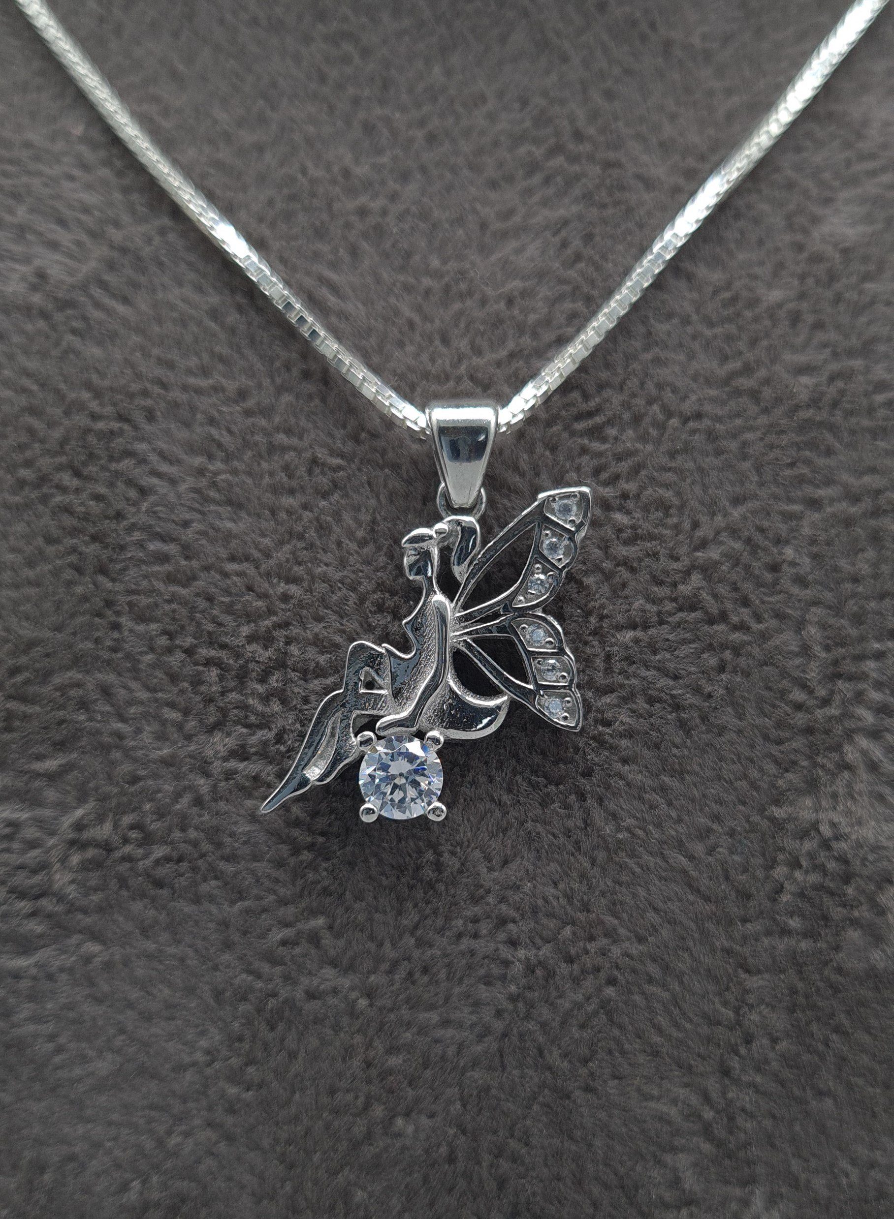NAHLE Kette mit Anhänger Silberkette 925 Elfe Silber Schutzfee (inklusive Schmuckbox), 925 Silber Anhänger mit Zirkonia - rhodiniert
