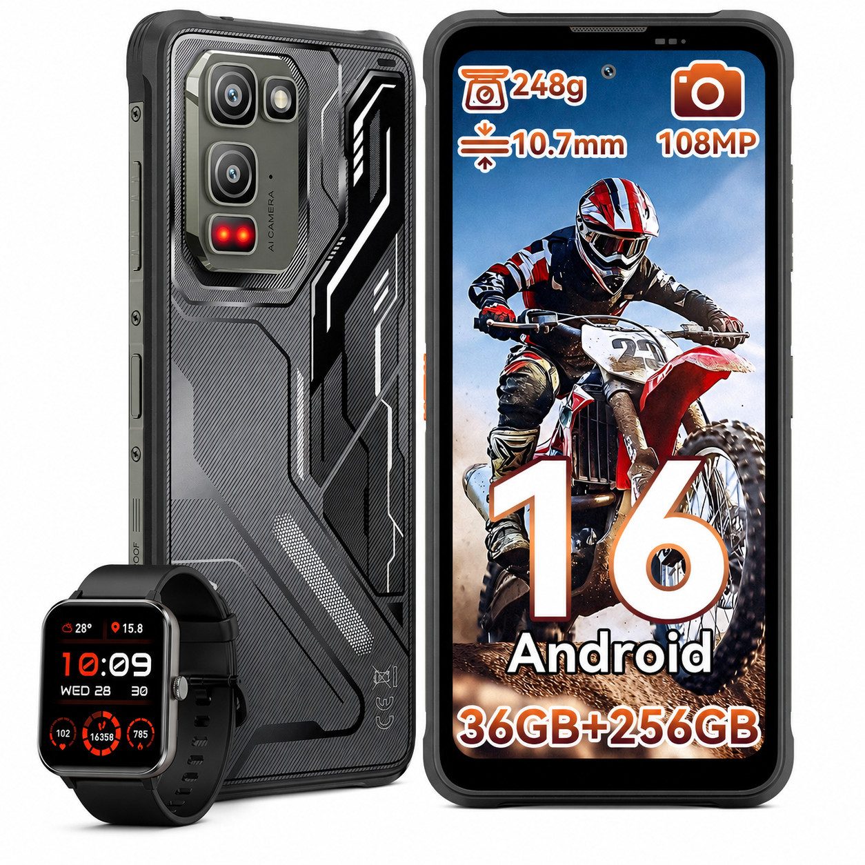 blackview Android 16, 108 MP Hauptkamera incl. R50 AI Outdoor Smartphone (6,78 Zoll, 256 GB Speicherplatz, 108 MP Kamera, Android 16, 108MP, 120Hz, IP68/IP69K, NFC, Night vision)