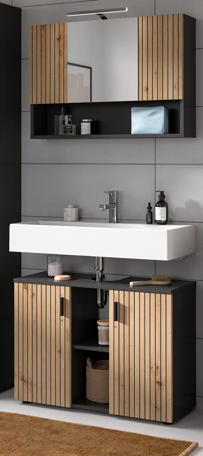 Inn.Furn Badmöbel-Set Livia, (Badezimmer in Eiche Artisan mit Rillen, Set 2-teilig, 80 x 190 cm), mit 10 Fächern
