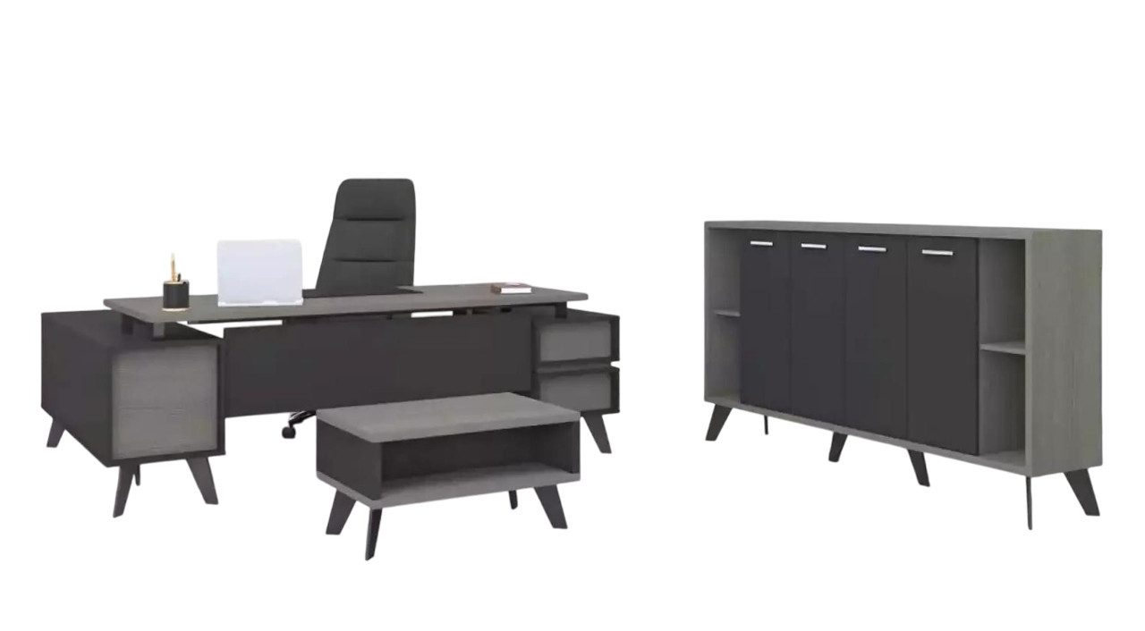Xlmoebel Büromöbel-Set Eleganter Schreibtisch mit Aktenregal in Holzoptik, (3-tlg., Eckschreibtisch, Couchtisch, Schrank), Hergestellt in Europa